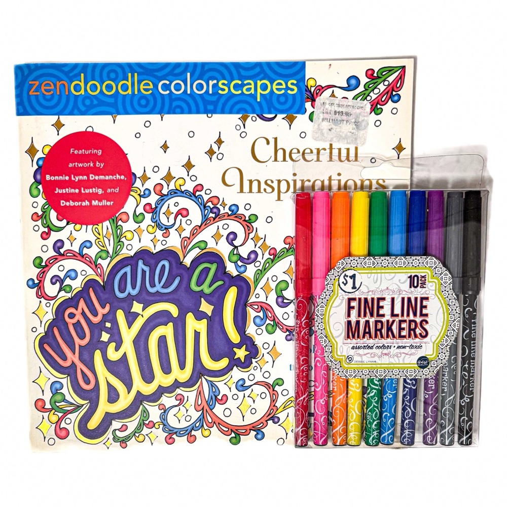 NEW - Zendoodle Colorscapes Adult Coloring Book with 10PC Fine Line Markers